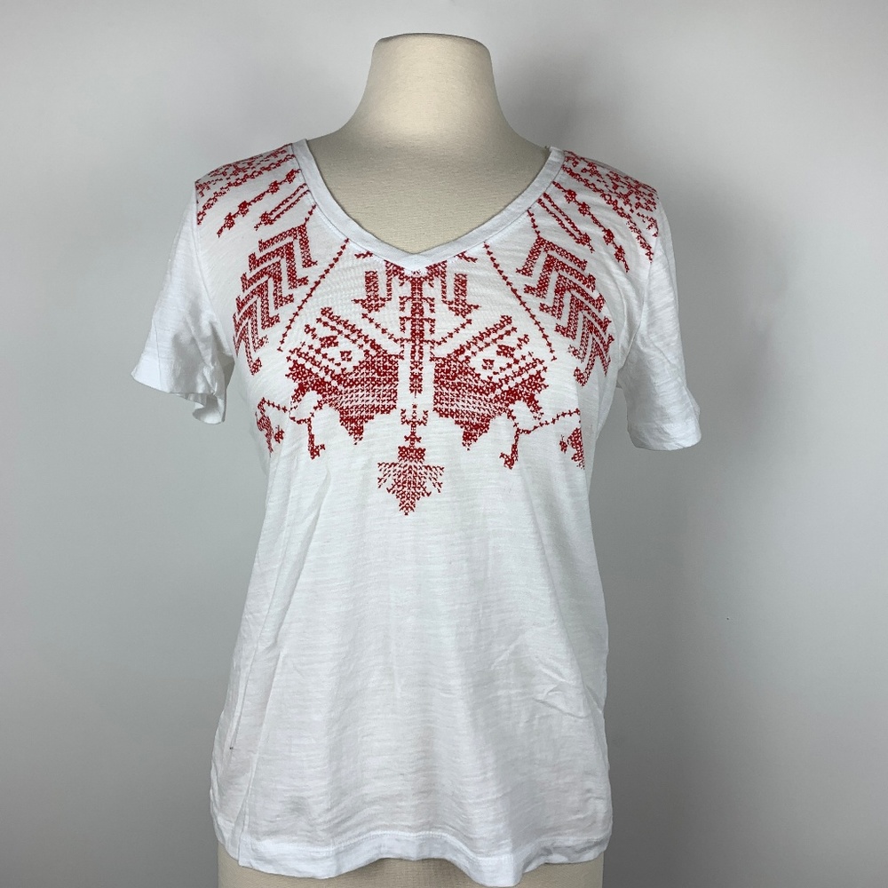 LUCKY S V-Neck Aztec Cross-stitch Print T-Shirt Wh